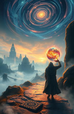 An ethereal landscape depicting a journey through time, featuring a traveler cloaked in a flowing robe, surrounded by swirling mist and glimmering time portals