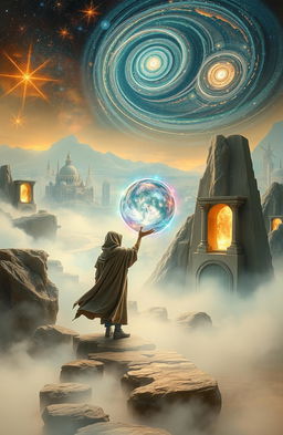 An ethereal landscape depicting a journey through time, featuring a traveler cloaked in a flowing robe, surrounded by swirling mist and glimmering time portals