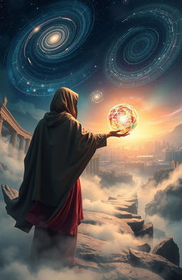 An ethereal landscape depicting a journey through time, featuring a traveler cloaked in a flowing robe, surrounded by swirling mist and glimmering time portals