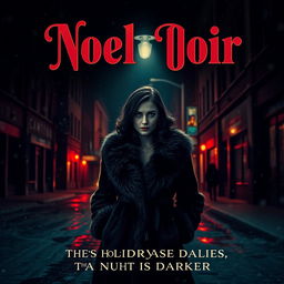 A captivating film noir poster titled 'Noel Noir', featuring a mysterious, elegantly dressed woman in a vintage fur coat standing under a dim streetlight