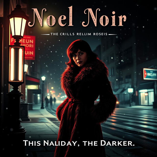 A captivating film noir poster titled 'Noel Noir', featuring a mysterious, elegantly dressed woman in a vintage fur coat standing under a dim streetlight