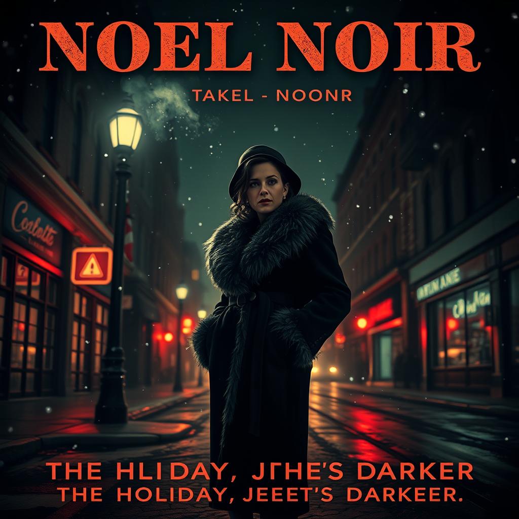 A captivating film noir poster titled 'Noel Noir', featuring a mysterious, elegantly dressed woman in a vintage fur coat standing under a dim streetlight