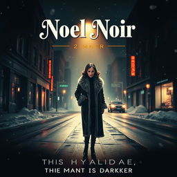 A captivating film noir poster titled 'Noel Noir', featuring a mysterious, elegantly dressed woman in a vintage fur coat standing under a dim streetlight