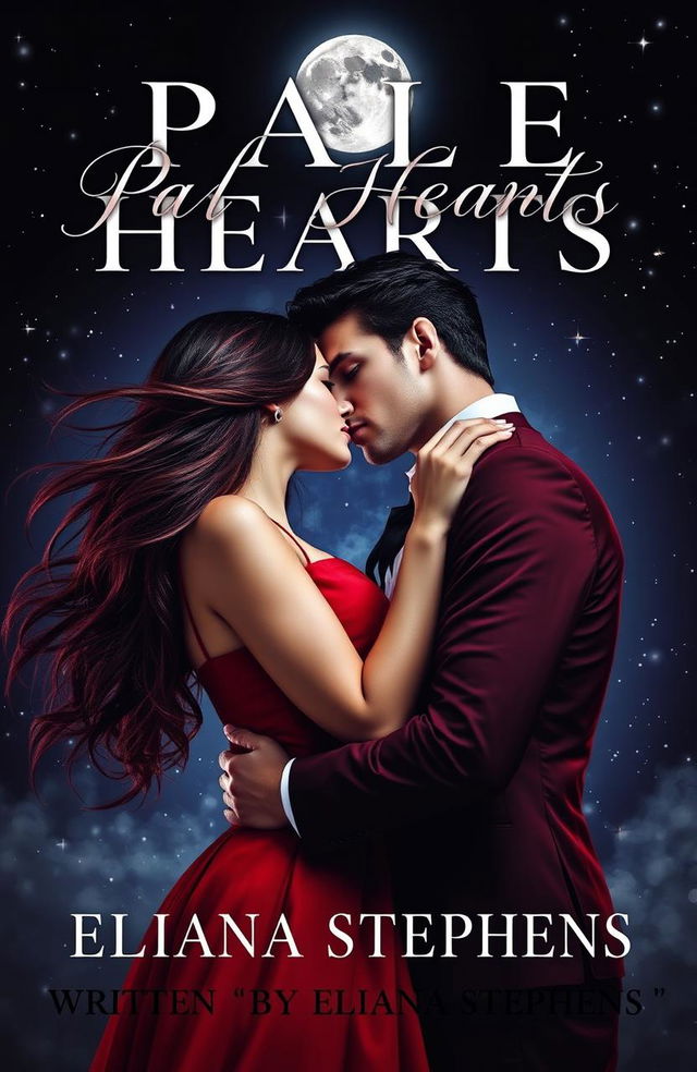 A romantic vampire-themed book cover featuring a stylish girl dressed in red, with flowing hair, and a super handsome vampire boy leaning in to kiss her neck lovingly under the moonlight