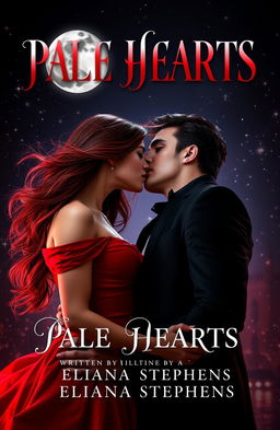 A romantic vampire-themed book cover featuring a stylish girl dressed in red, with flowing hair, and a super handsome vampire boy leaning in to kiss her neck lovingly under the moonlight