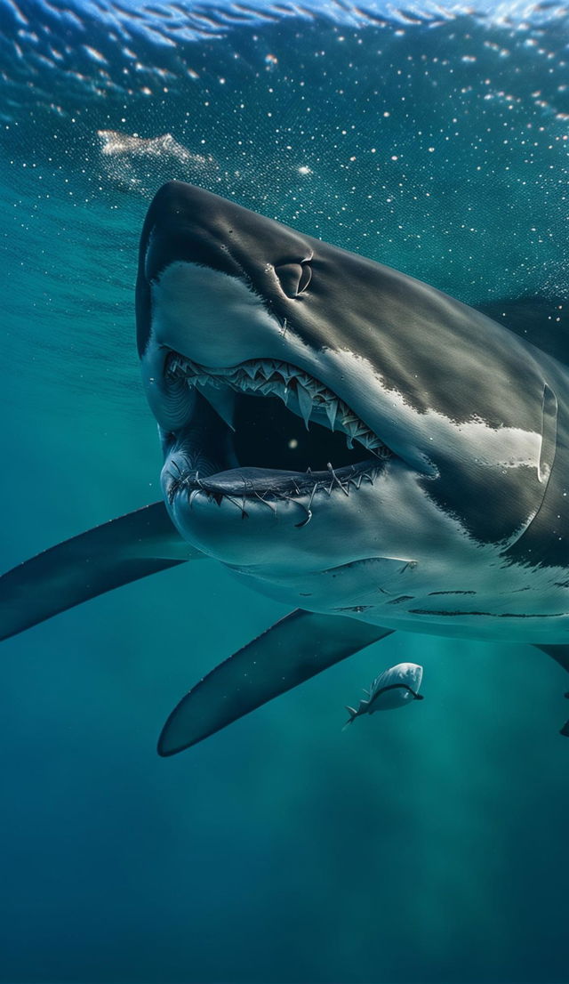 A 32k resolution, 200mm HD digital image of a shark in the open ocean.