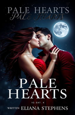 A romantic vampire-themed book cover featuring a stylish girl dressed in red, with flowing hair, and a super handsome vampire boy leaning in to kiss her neck lovingly under the moonlight