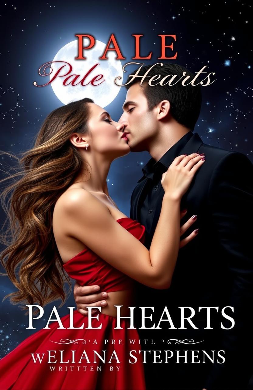 A romantic vampire-themed book cover featuring a stylish girl dressed in red, with flowing hair, and a super handsome vampire boy leaning in to kiss her neck lovingly under the moonlight