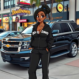 A stylish black Chevrolet Tahoe with sleek silver rims parked in an urban setting