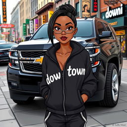 A stylish black Chevrolet Tahoe with sleek silver rims parked in an urban setting