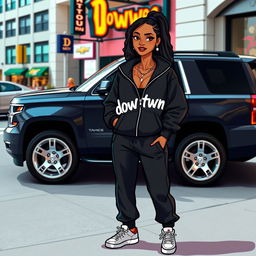 A stylish black Chevrolet Tahoe with sleek silver rims parked in an urban setting