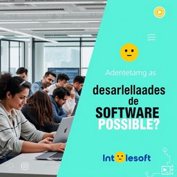 A vibrant and engaging YouTube thumbnail for an interview video titled 'Nos enfrentamos a desarrolladores de SOFTWARE| ¿Todo negocio es POSIBLE? 🤔 | Intellisoft Innovation'
