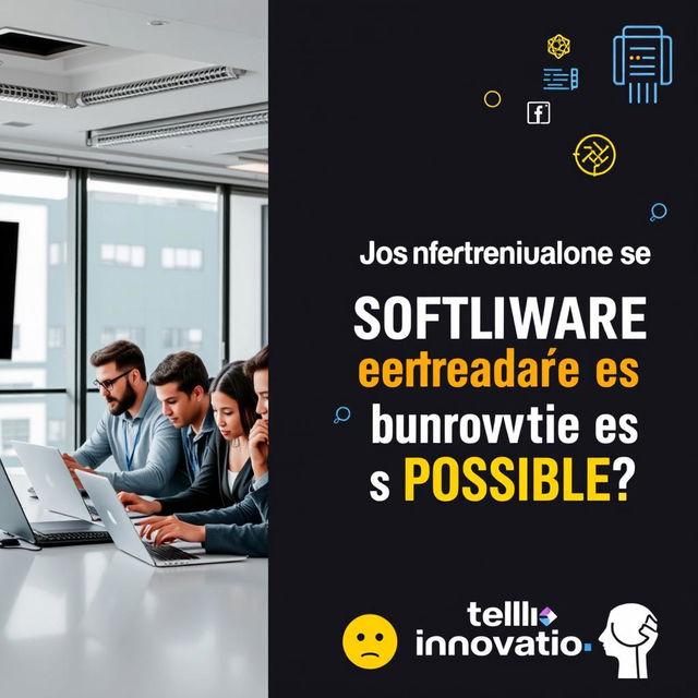 A vibrant and engaging YouTube thumbnail for an interview video titled 'Nos enfrentamos a desarrolladores de SOFTWARE| ¿Todo negocio es POSIBLE? 🤔 | Intellisoft Innovation'