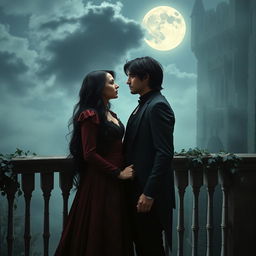 A dark romance scene set in a gothic castle under a full moon