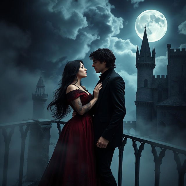 A dark romance scene set in a gothic castle under a full moon