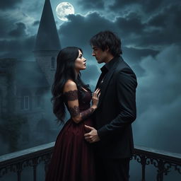 A dark romance scene set in a gothic castle under a full moon