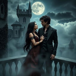 A dark romance scene set in a gothic castle under a full moon