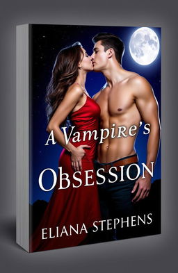 A captivating book cover design featuring a stylish girl wearing a sexy red dress and a super handsome shirtless vampire in only black jeans and a brown belt