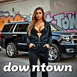 A sleek black Tahoe parked against an urban backdrop, featuring shiny silver rims
