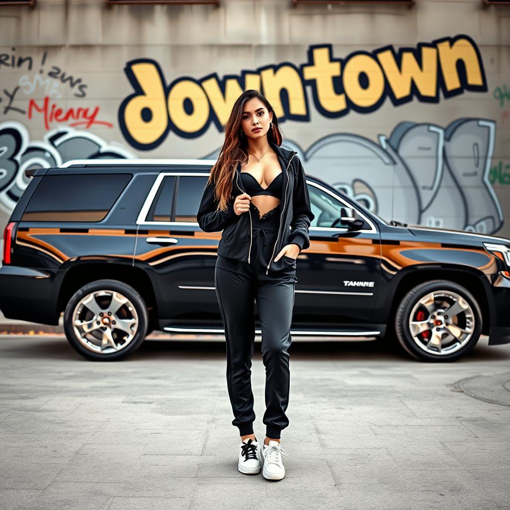 A sleek black Tahoe parked against an urban backdrop, featuring shiny silver rims