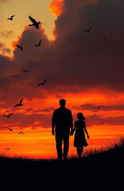 An emotional, melancholic evening scene depicting a sad love story between two characters