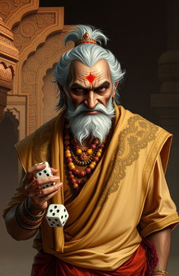 A captivating depiction of Shakuni, the cunning and malevolent character from Hindu mythology, specifically from the Mahabharata