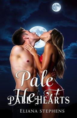A romantic vampire scene featuring a handsome, shirtless young man, wearing black pants and a brown belt, leaning in to kiss a stylish young woman on her neck under the moonlight