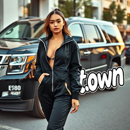 A striking black Tahoe parked in an urban environment, adorned with gleaming silver rims