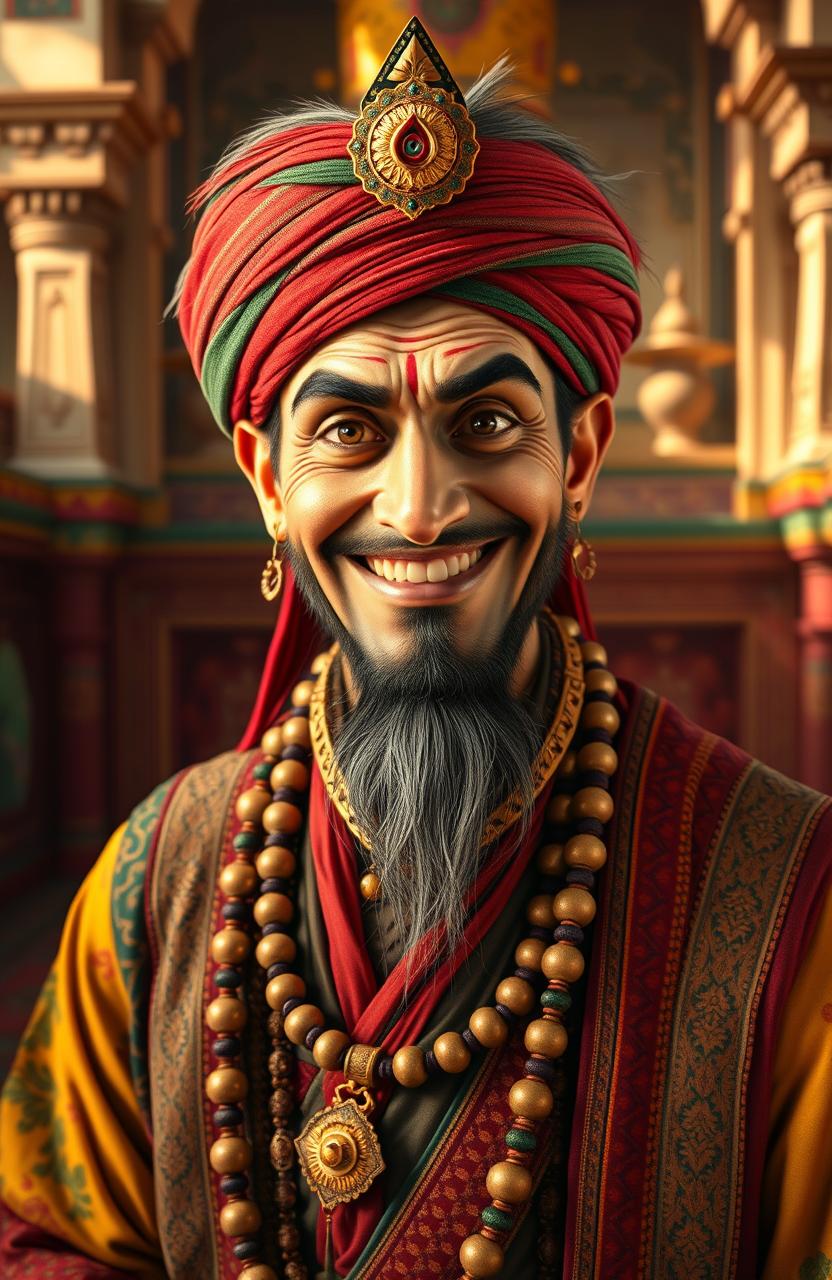 A captivating portrait of Shakuni, the cunning Hindu mythological villain from the Mahabharata, characterized by his witty smile