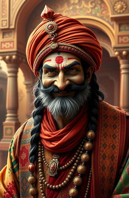 A captivating portrait of Shakuni, the cunning Hindu mythological villain from the Mahabharata, characterized by his witty smile