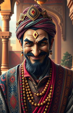 A captivating portrait of Shakuni, the cunning Hindu mythological villain from the Mahabharata, characterized by his witty smile