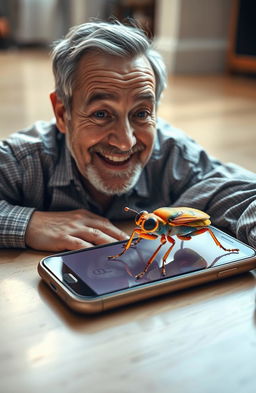 A visually striking image featuring a smartphone lying on the floor, with a 50-year-old man emerging from the screen, looking expressive and engaging