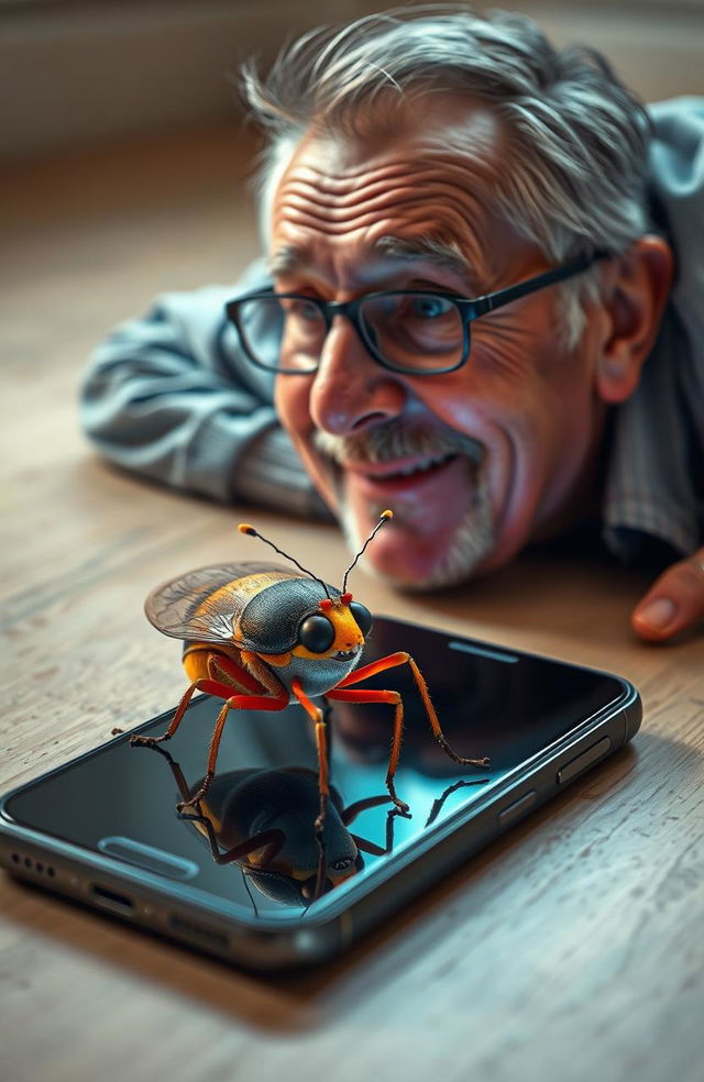 A visually striking image featuring a smartphone lying on the floor, with a 50-year-old man emerging from the screen, looking expressive and engaging