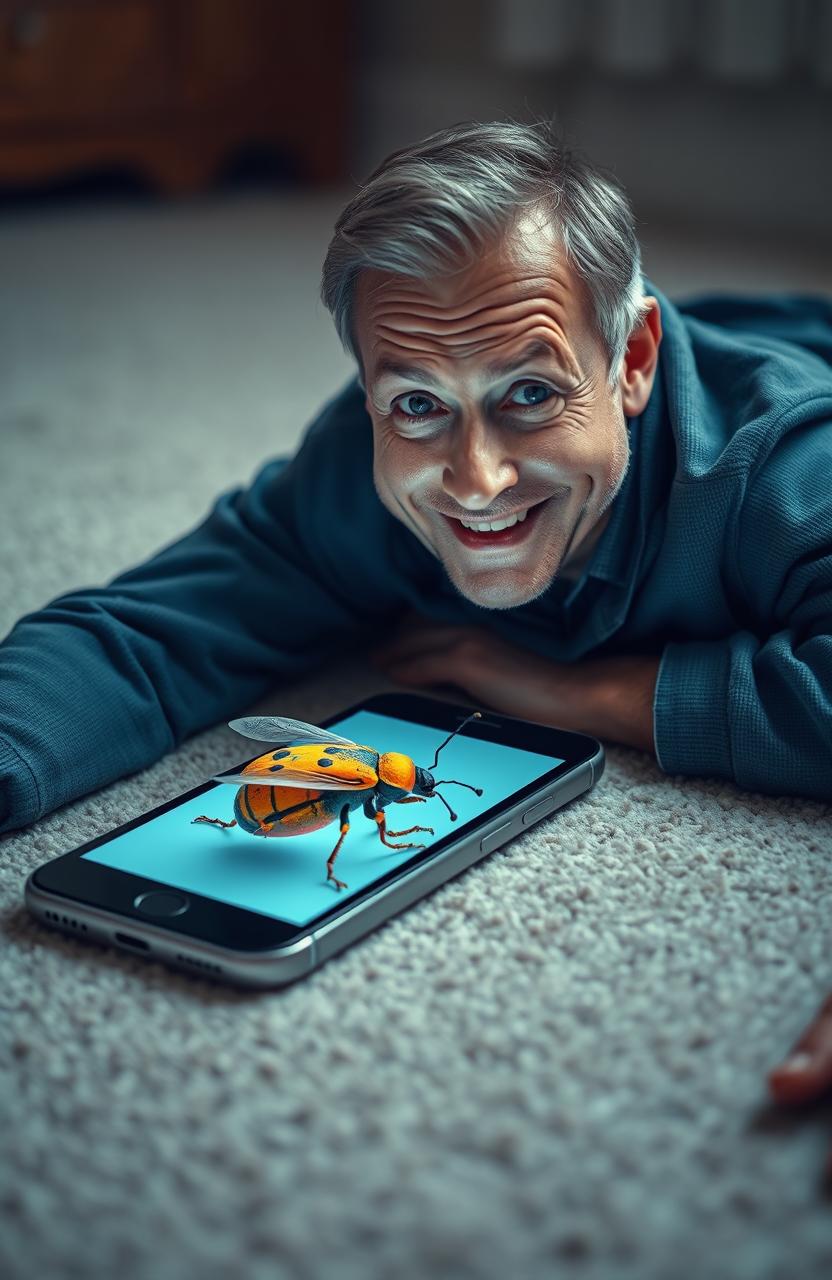 A visually striking image featuring a smartphone lying on the floor, with a 50-year-old man emerging from the screen, looking expressive and engaging