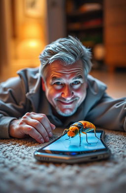 A visually striking image featuring a smartphone lying on the floor, with a 50-year-old man emerging from the screen, looking expressive and engaging