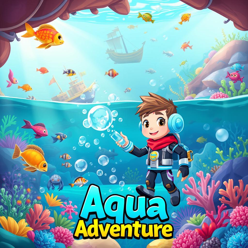 A vibrant and engaging illustration for a water purification game titled 'Aqua Adventure'