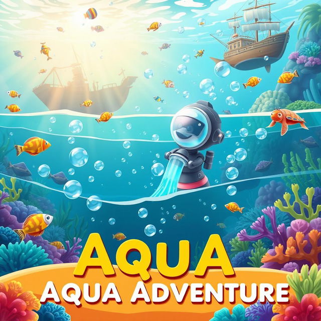 A vibrant and engaging illustration for a water purification game titled 'Aqua Adventure'