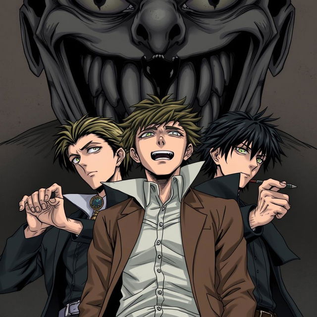 Three main protagonists with extrasensory powers, possessing detective-like personalities and dark expressions, posed heroically