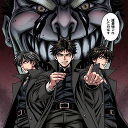 Three main protagonists with extrasensory powers, possessing detective-like personalities and dark expressions, posed heroically