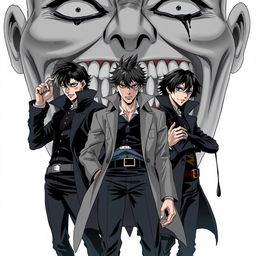 Three main protagonists with extrasensory powers, possessing detective-like personalities and dark expressions, posed heroically