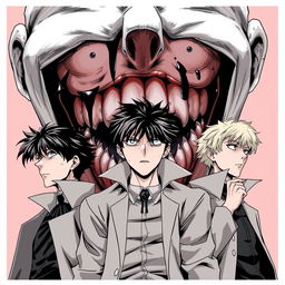 Three main protagonists with extrasensory powers, possessing detective-like personalities and dark expressions, posed heroically