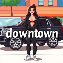 A vibrant cartoon scene featuring a black Tahoe with shiny silver rims parked prominently in the foreground