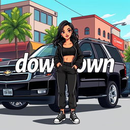 A vibrant cartoon scene featuring a black Tahoe with shiny silver rims parked prominently in the foreground