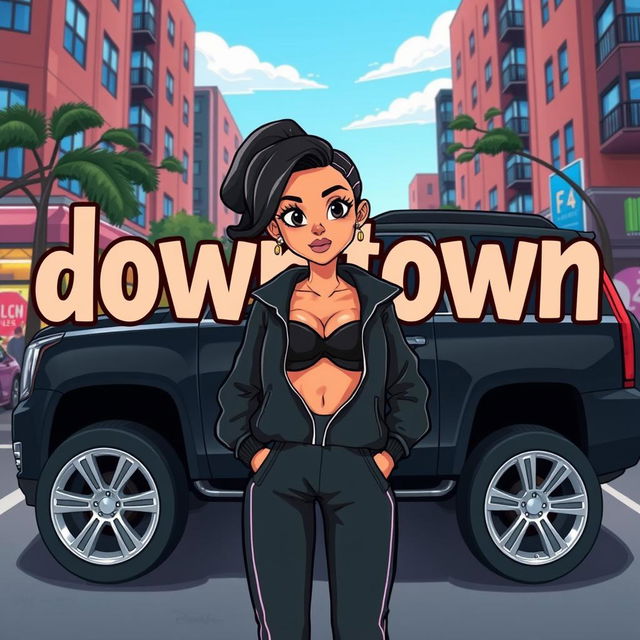 A vibrant cartoon scene featuring a black Tahoe with shiny silver rims parked prominently in the foreground