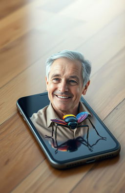 A digital scene depicting a smartphone lying on a wooden floor