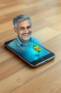 A digital scene depicting a smartphone lying on a wooden floor