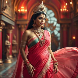 A stunning Indian queen, adorned in opulent jewelry and a beautiful flowing regal gown, exuding confidence and grace