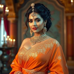 A stunning Indian queen, adorned in opulent jewelry and a beautiful flowing regal gown, exuding confidence and grace