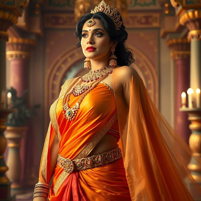 A stunning Indian queen, adorned in opulent jewelry and a beautiful flowing regal gown, exuding confidence and grace