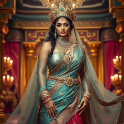 A stunning Indian queen, adorned in opulent jewelry and a beautiful flowing regal gown, exuding confidence and grace